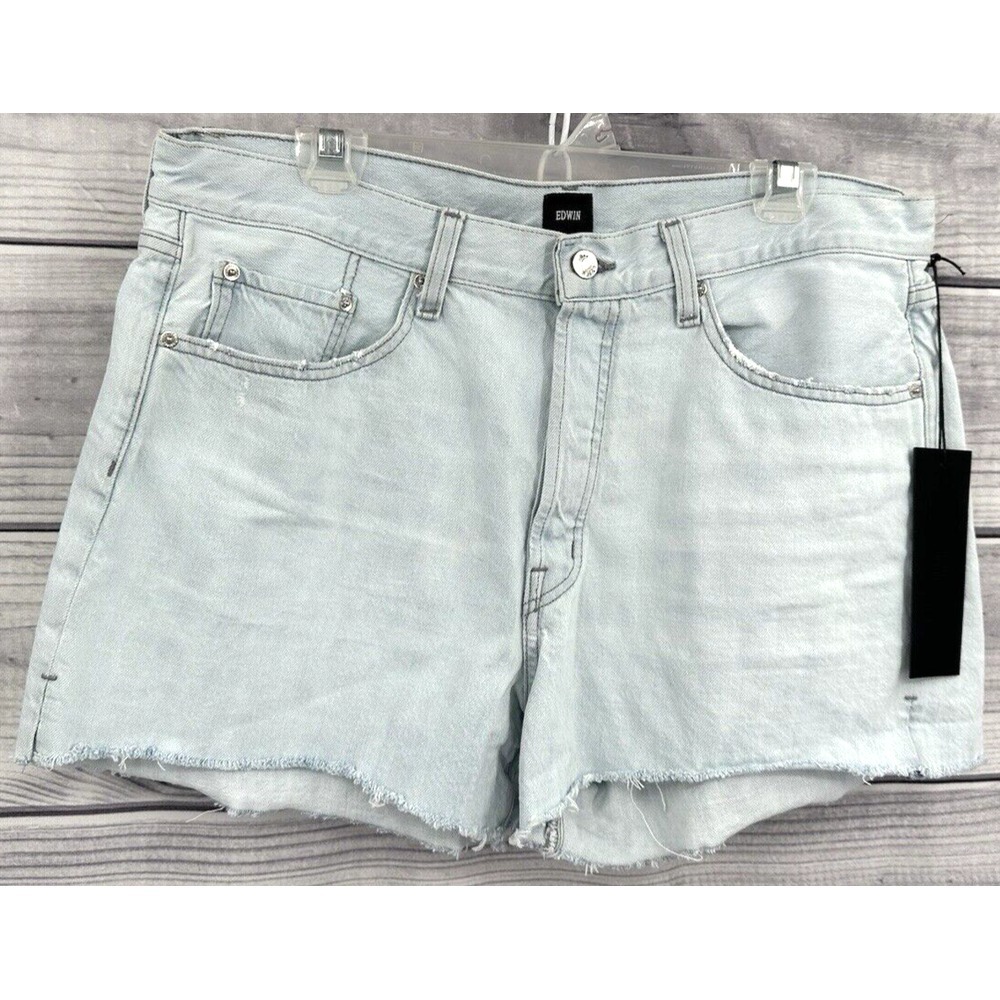 EDWIN CAI SHORT BUTTON FLY CUT OFF Women's Size 34 DAYDREAM - LIGHT WASH